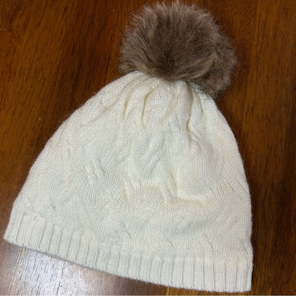 Cream Cable-Knit Pom Beanie | Fleece Lined | Youth One Size Fits Most